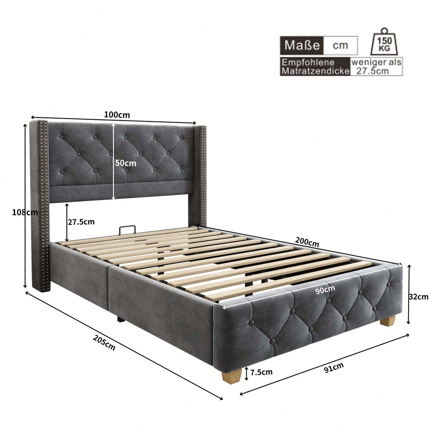 Polsterbett 90*200cm mit Lattenrost und Kopfteil, Knopfpolsterung, Nietenpolsterung, Holzbeine, Samt,Rosa (Matratze nicht enthaltet)