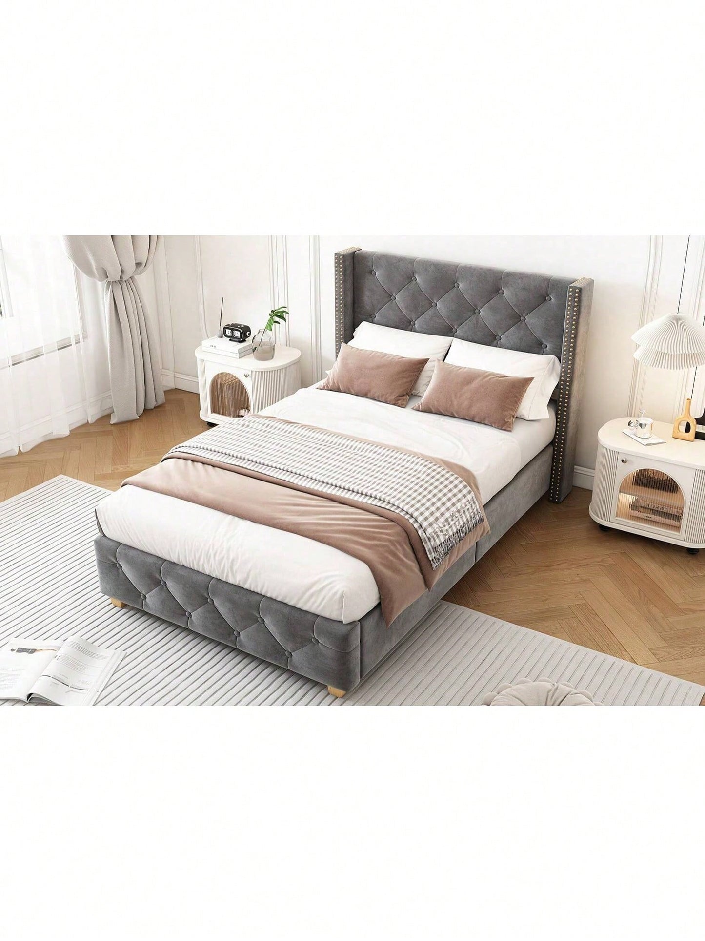 Polsterbett 90*200cm mit Lattenrost und Kopfteil, Knopfpolsterung, Nietenpolsterung, Holzbeine, Samt,Rosa (Matratze nicht enthaltet)
