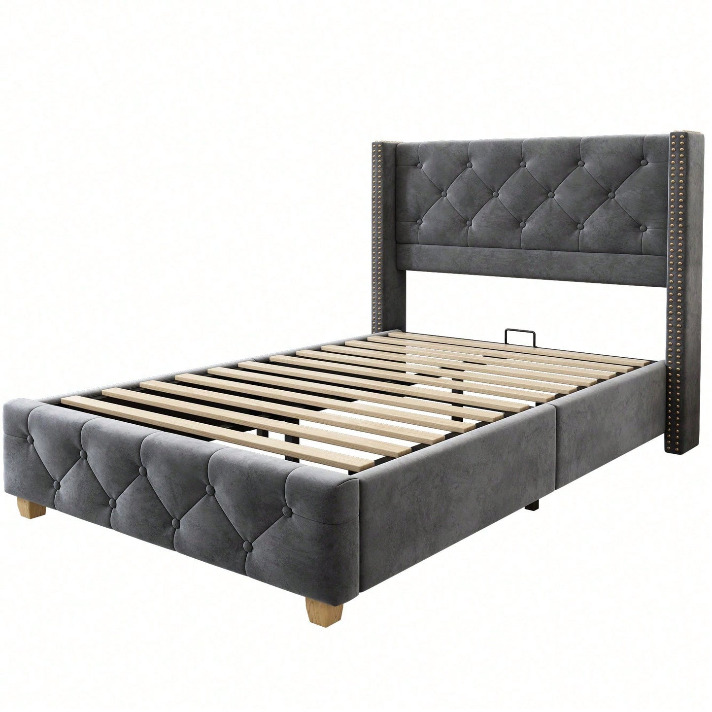Polsterbett 90*200cm mit Lattenrost und Kopfteil, Knopfpolsterung, Nietenpolsterung, Holzbeine, Samt,Rosa (Matratze nicht enthaltet)