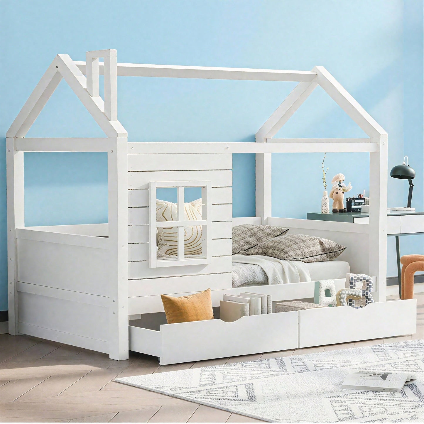 Hausbett Kinderbett Jugendbett 90*200 mit Rausfallschutz vielseitiges Holz Kinderbett für Jungen & Mädchen, Massivholz Kinder Bett mit Rausfallschutz Fenster und Lattenrost, Weiss