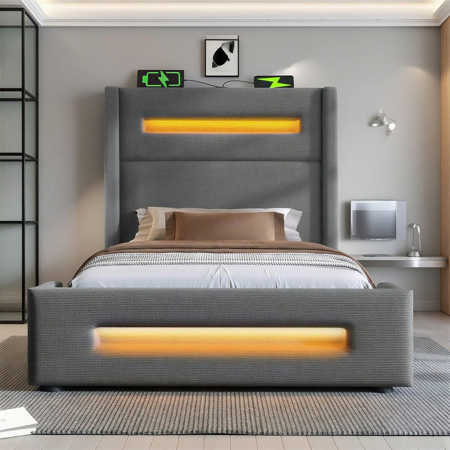 Graues Polsterbett 90x200 cm mit LED & USB-C – Jugendbett mit hydraulischem Stauraum, Metallrahmen & inkl. Matratze (Leinenbezug)