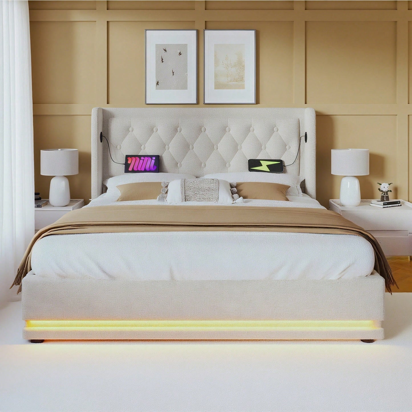 Polsterbett Doppelbett 140*200 cm,Beige Baumwolle-Material Hydraulisches Stauraumbett, gepolstertes Kopfteil mit USB Typ-C Ladefunktion, 3-seitige LED-Funktion(Ohne Matratze)