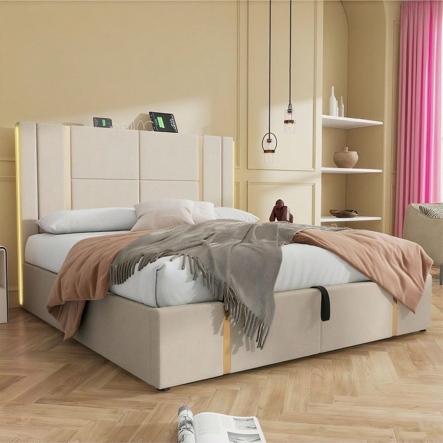 Polsterbett Doppelbett USB Type C Ladefunktion APP-Control LED 160*200 Stauraumbetten Bettgestell, Lattenrost aus Holz,Beige Leinenmaterial
