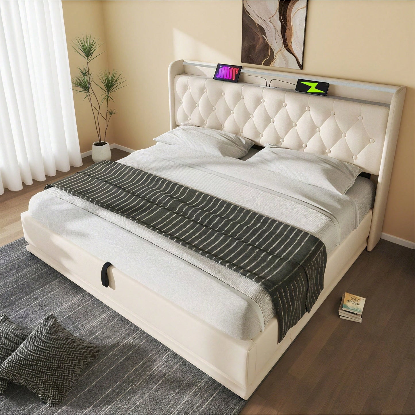 Polsterbett Doppelbett, 360-Surround-LED-Funktion, Drucktaste/App/Fernbedienung,180*200 cm,Grau Leinen-Material Hydraulisches Lagerbett, gepolstertes Kopfteil mit USB Typ-C Ladefunktion(Ohne Matratze)
