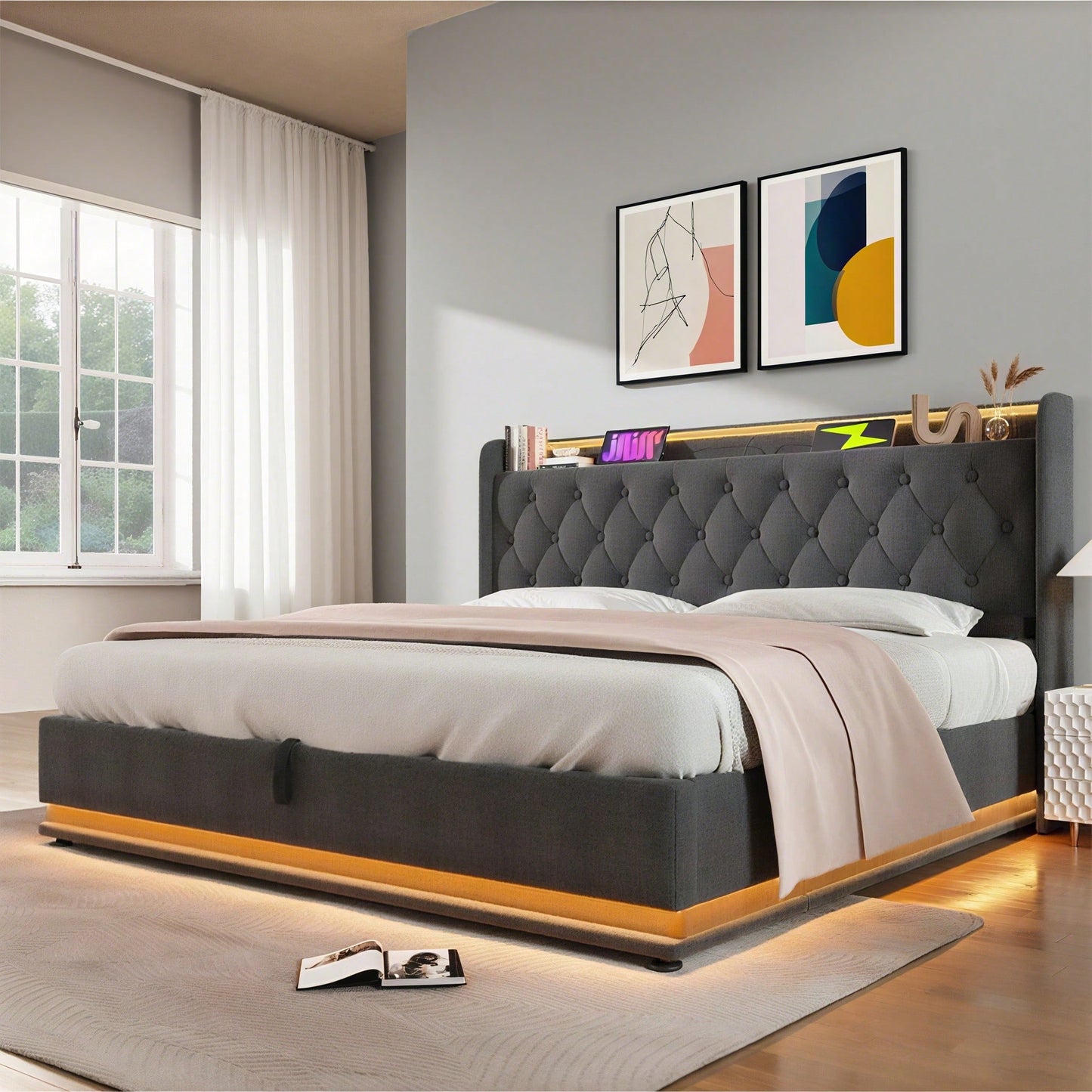 Polsterbett Doppelbett, 360-Surround-LED-Funktion, Drucktaste/App/Fernbedienung,180*200 cm,Grau Leinen-Material Hydraulisches Lagerbett, gepolstertes Kopfteil mit USB Typ-C Ladefunktion(Ohne Matratze)