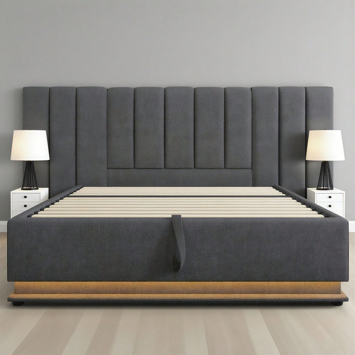 Polsterbett 180*200, Doppelbett Stauraumbett mit LED und USB-C Ladefunktion, Bettgestell mit Lattenrost, Leinen, Beige, Ohne Matratze und Nachttisch