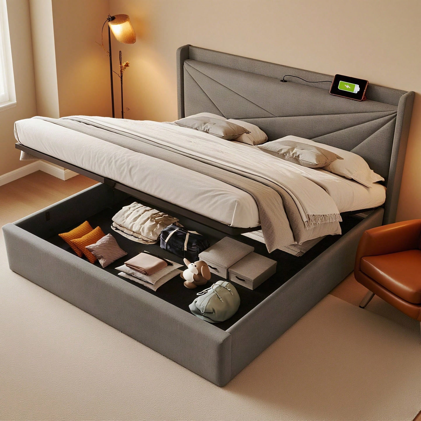 Polsterbett Doppelbett Stauraum Bettkasten mit USB Typ C Ladefunktion Kopfteil,ohne Matratze, Stauraumbetten Bettgestell aus Leinenmaterial Jugendbett 160x200 mit lattenrost