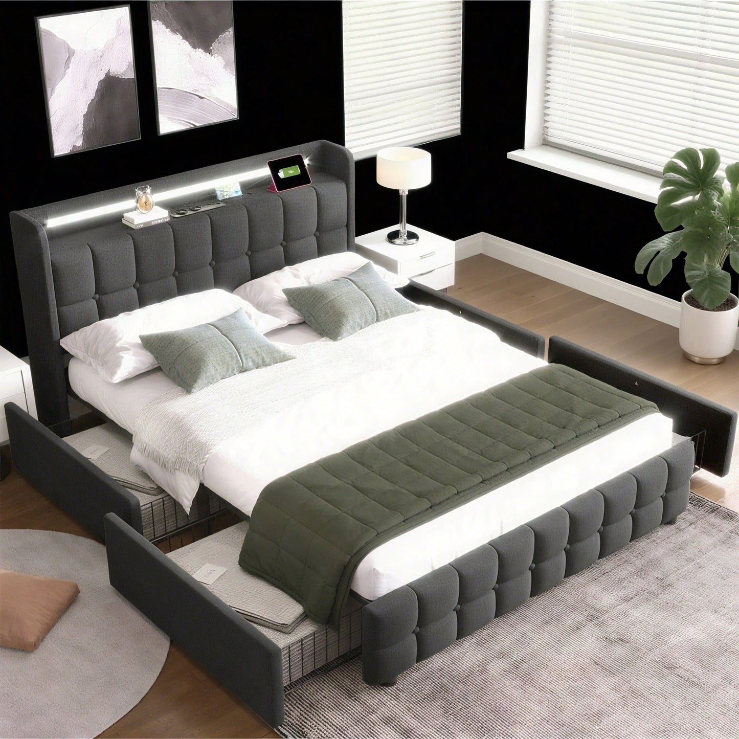 Polsterbett mit aufladen USB Ladefunktion Kopfteil und LED-Beleuchtung und 4 Schubladen,Doppelbett 140x200cm Stauraumbetten Bettgestell, Lattenrost aus Holz, Beige