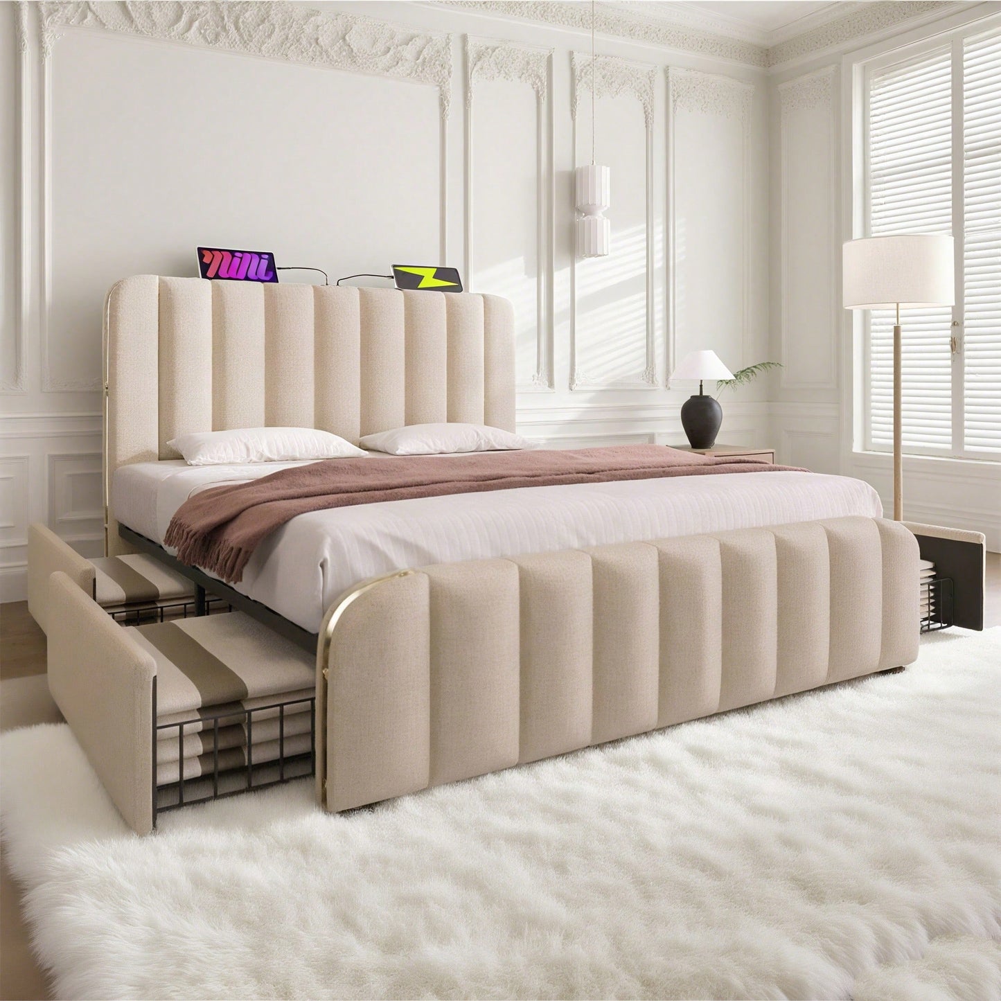 Polsterbett Doppeltes, gepolstertes Kopfteil mit goldenen Zierstreifen und ,USB Typ-C Ladefunktion 160*200 cm, Beige Leinen-Material mit 4 Schubladen ,Belastbarkeit 200 kg
