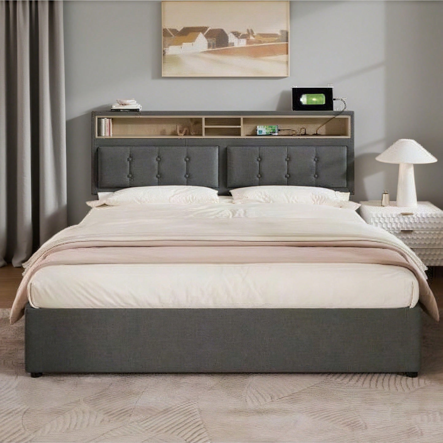 Polsterbett Doppelbett mit USB C Steckdose Ladefunktion Kopfteil,Stauraumbetten Bettgestell aus Leinenmaterial Jugendbett 140x200 mit lattenrost