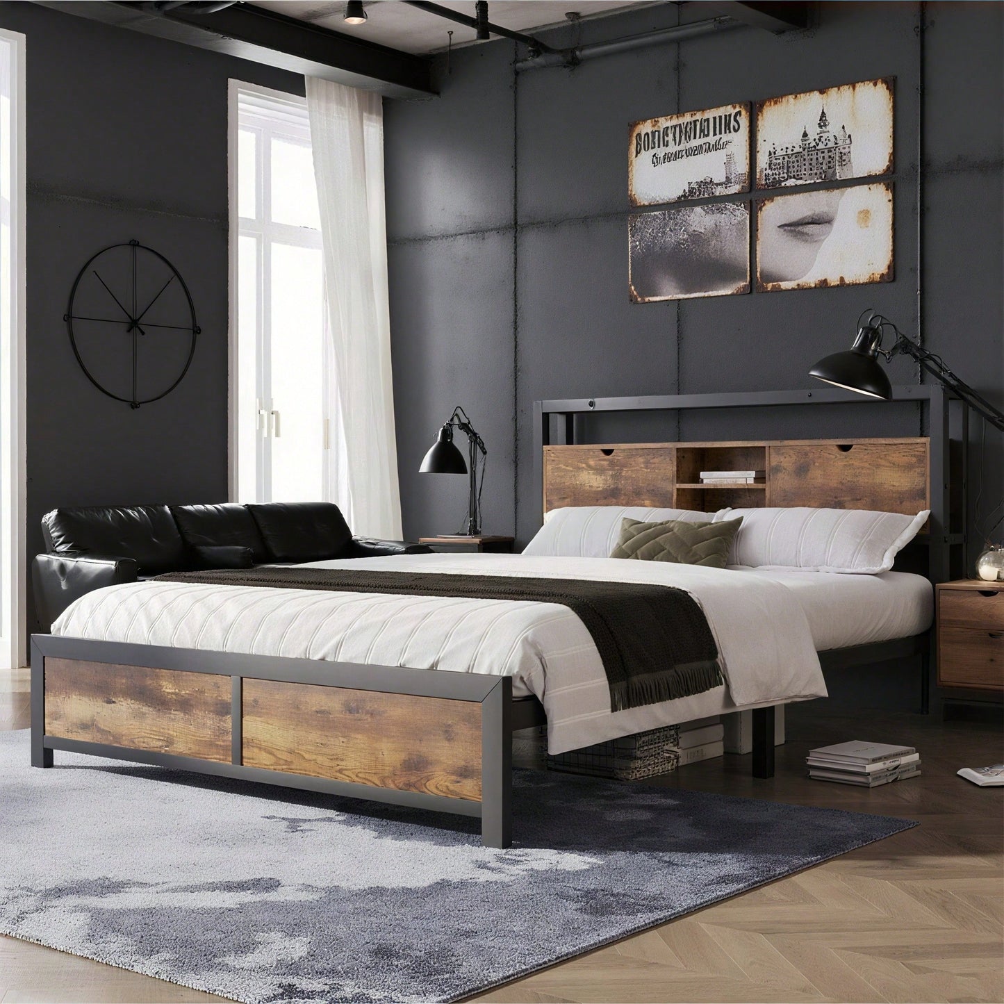 Metallbett Jugendbetten Doppelbett 140 x 200 cm mit Stauraum-Kopfteil und Metall Lattenrost, Kinderbett Metall Bettgestell Bettrahmen Für Erwachsene, Kinder, Jugendliche