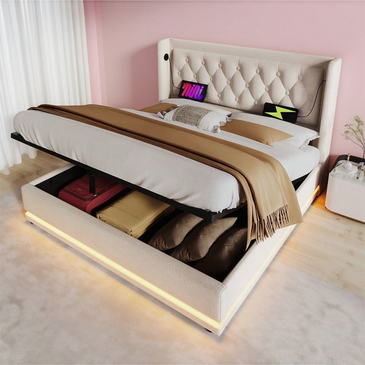 Polsterbett Doppelbett 160*200 cm,Beige Baumwolle-Material Hydraulisches Stauraumbett, gepolstertes Kopfteil mit USB Typ-C Ladefunktion, 3-seitige LED-Funktion