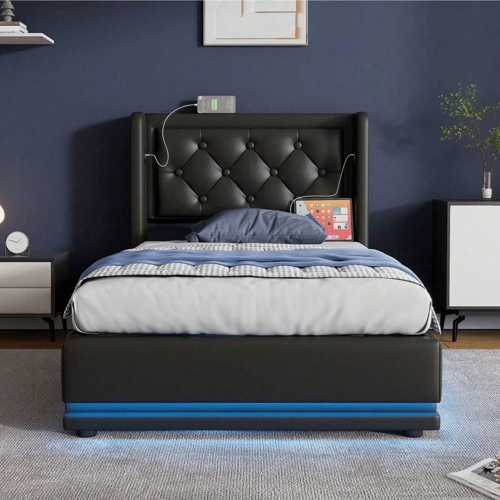 Polsterbett Einzelbett 90*200 cm,Schwarz PU-Material Hydraulisches Stauraumbett, gepolstertes Kopfteil mit USB Typ-C Ladefunktion, 3-seitige LED-Funktion