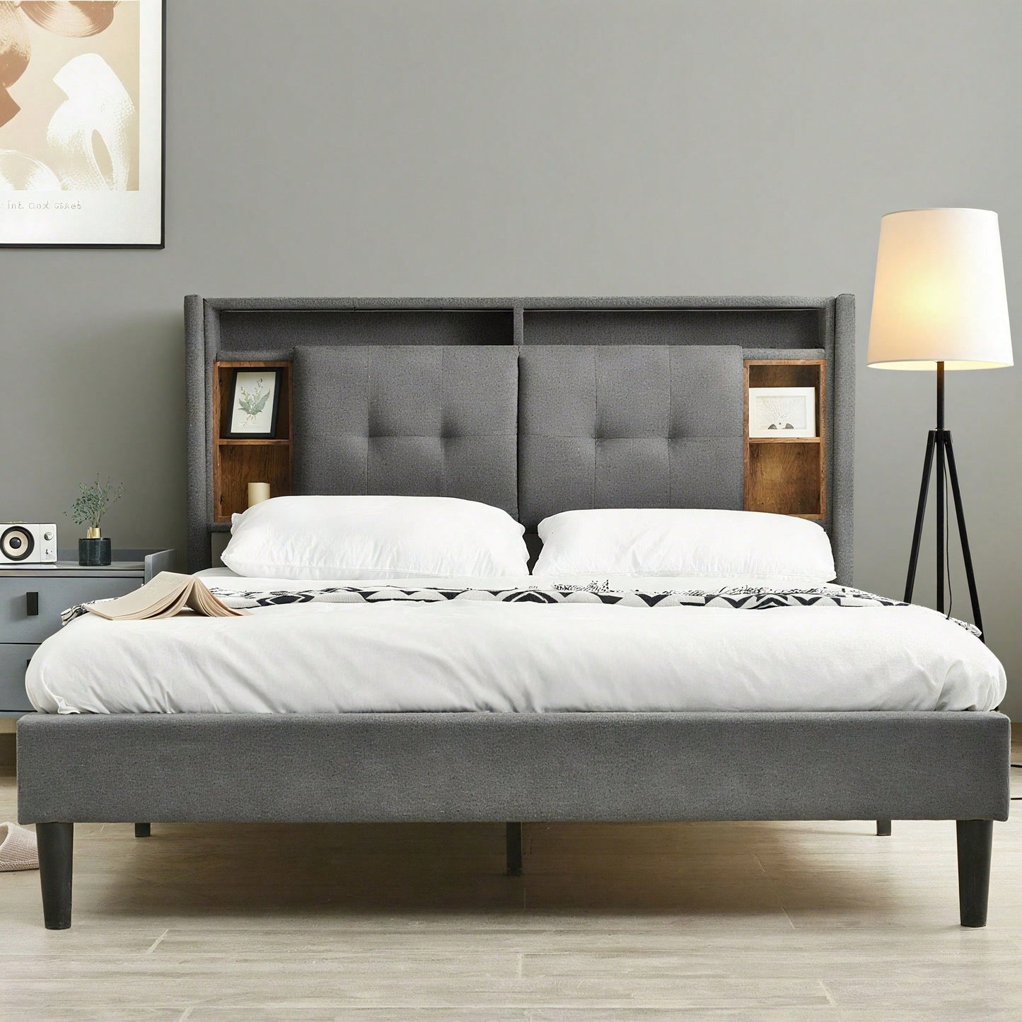Polsterbett Doppelbett Stauraum-Kopfteil Bett mit aufladen USB und LED-Beleuchtung Bettgestell Lattenrost aus Holz,140*200CM Grau