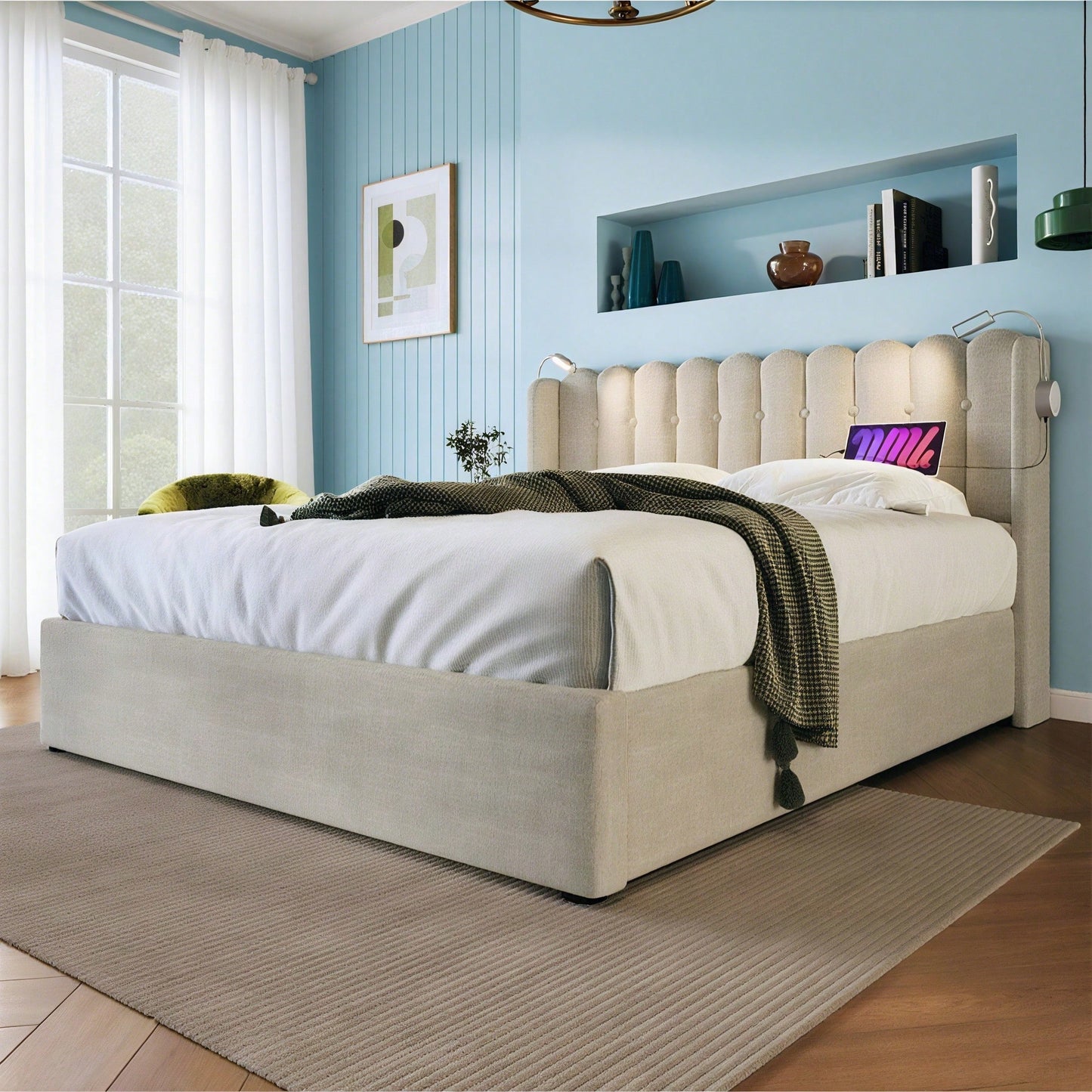 Polsterbett Doppelbett Leselicht mit Ladefunktion Kopfteil Stauraum Bettgestell Leinenmaterial Jugendbett 140x200 mit lattenrost,Natürlich
