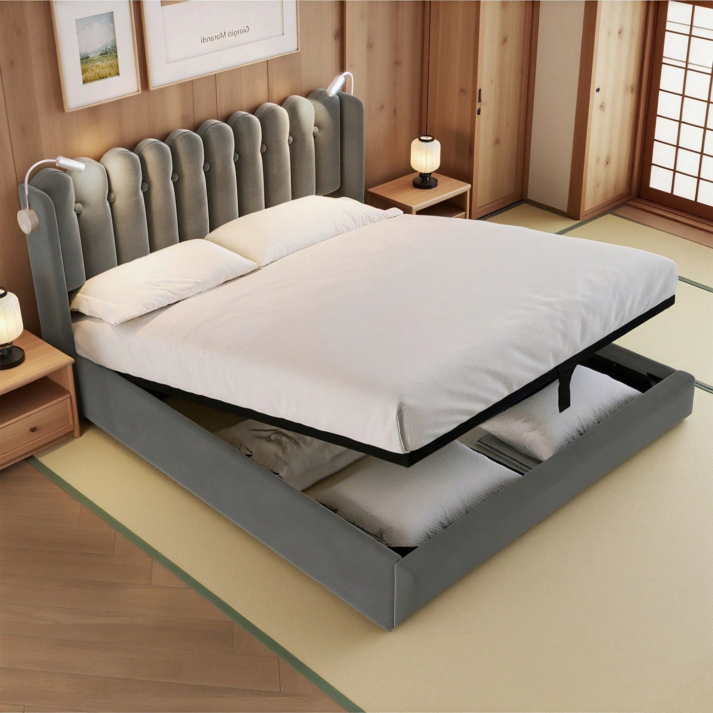 Polsterbett Doppelbett Leselicht mit Ladefunktion Kopfteil Stauraum Bettgestell Leinenmaterial Jugendbett 140x200 mit lattenrost,Natürlich