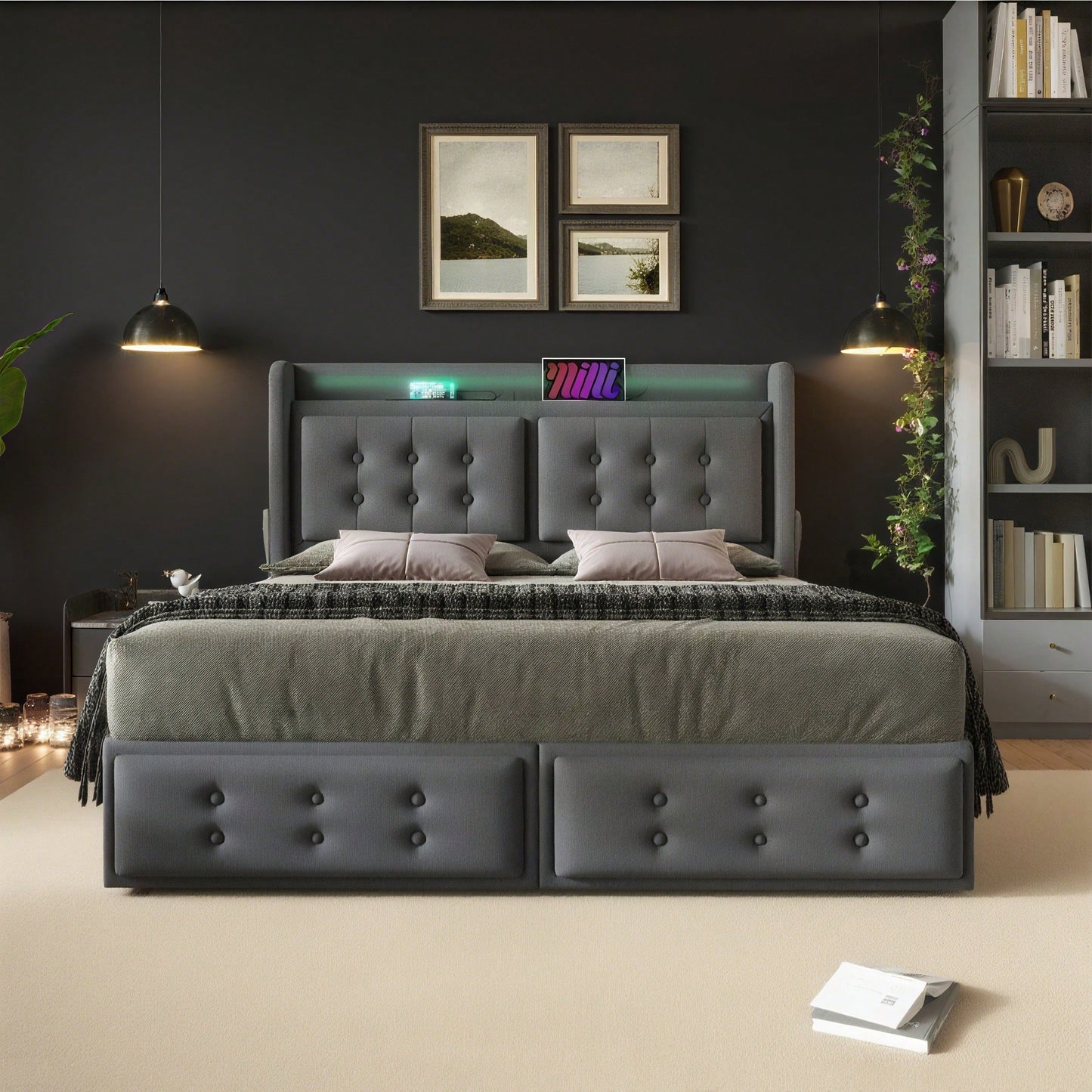 Polsterbett 140x200, Doppelbett mit Led-Kopfteil und USB C Ladefunktion und 4 Schubladen, Stauraumbetten mit Lattenrost aus Holz und Metallrahmen, Belastbarkeit 300 kg,Beige,Baumwolle