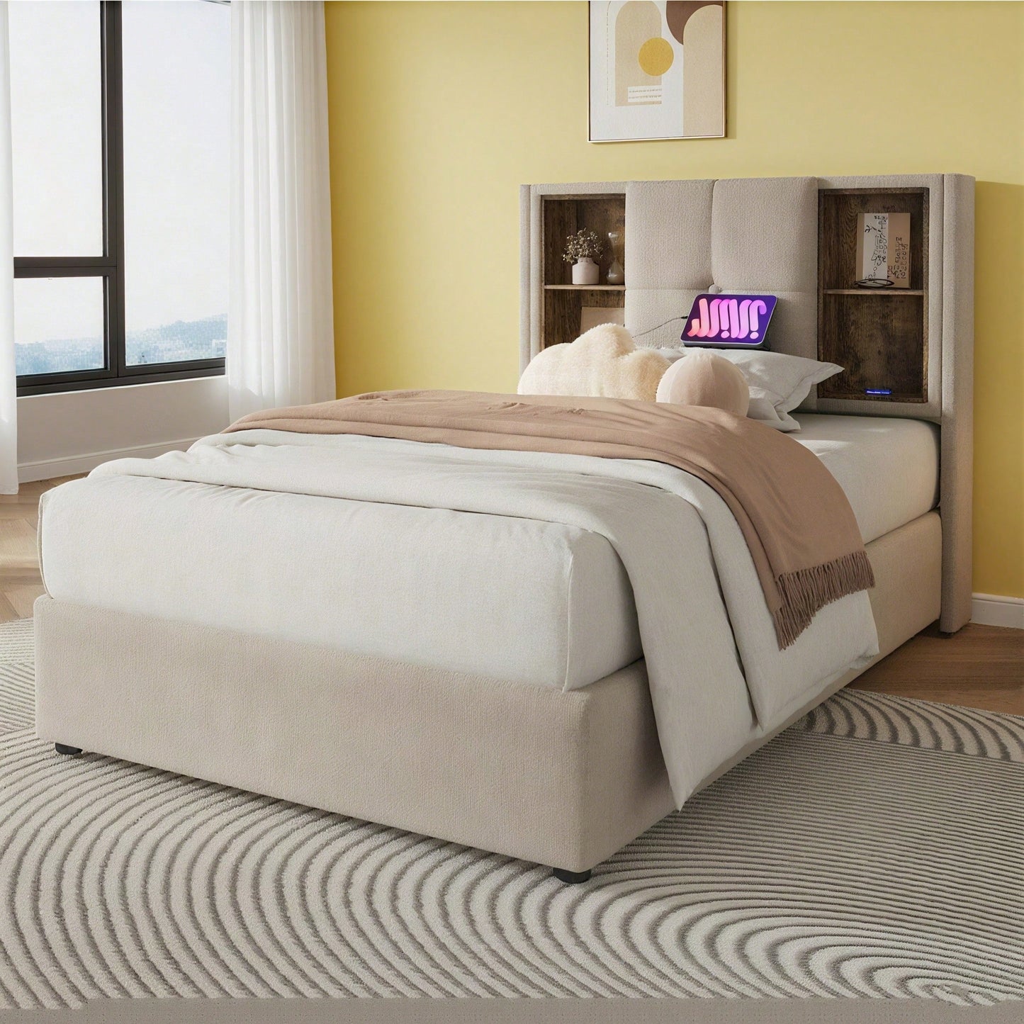 Einzelbett mit Kabellosem Laden USB C, Polsterbett Bettgestell 90x200cm,Bettgestell mit Stauraum Lattenrost aus Holz-Grau Baumwolle