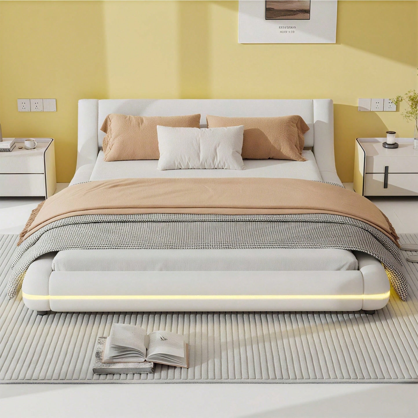 140*200cm Flachbett, Bodenbett, PU, LED-Umgebungslicht, 24-Tasten-Fernbedienung, weiß