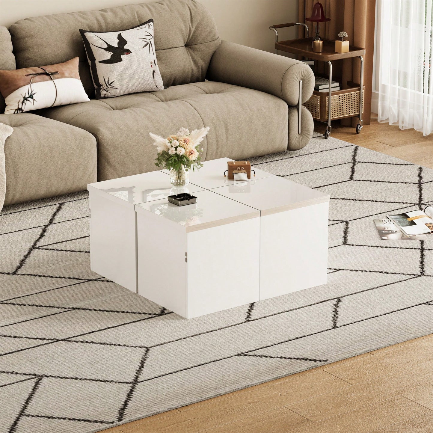 Modular DIY Couchtisch mit Hochglanz Tischplatte - Frei Kombinierbar, Einfache Montage, Moderner Design Wohnzimmertisch