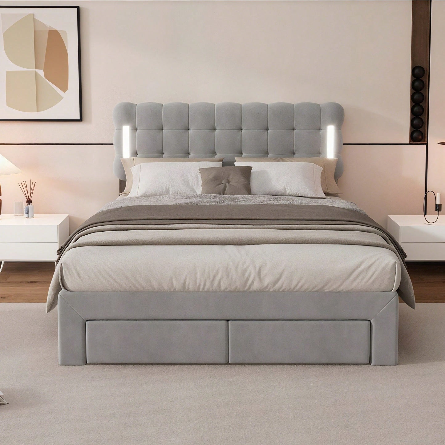 140*200cm Flachbett, gepolstertes Bett, Beleuchtung auf beiden Seiten des Bettes, vier Schubladen am Ende des Bettes, großer Stauraum, Farbe beige