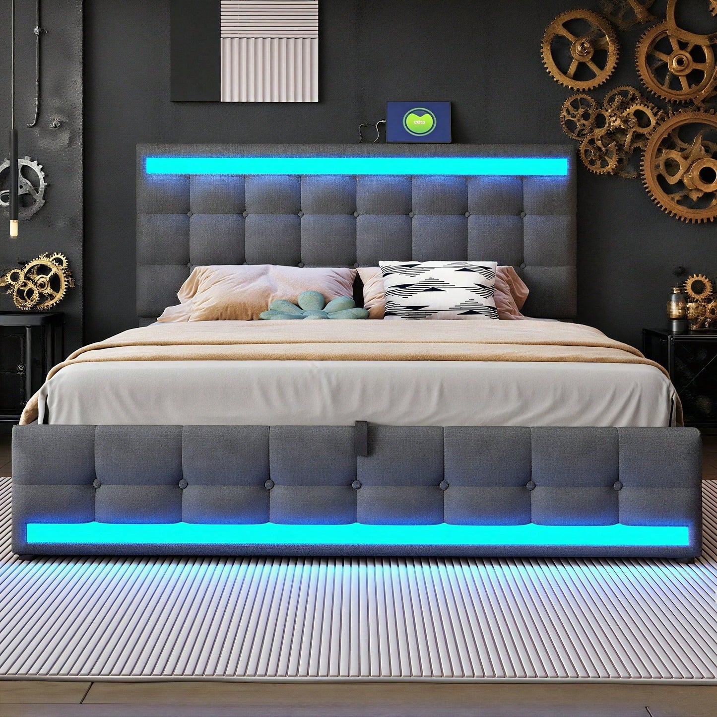 Polsterbett 180*200 Hydraulisches Stauraum-Kinderbett mit USB und farbwechselndem LED-Lichtstreifen,Grau Leinen-Einzelbett