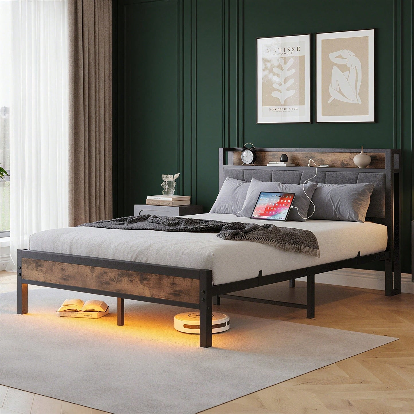 Smart Bettrahmen 140x200 cm - Mit LED-Beleuchtung & USB-Ladestation - Heavy Duty Metalllamellen, geräuschfrei, einfach montierbar