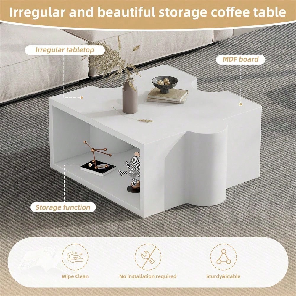 Einzigartiger kaltweißer Couchtisch mit Puzzlemuster (65*65*32cm), Sofatisch mit MDF-Polsterung, Wohnzimmertisch, abstrakte Kunst für Ihren Wohnraum