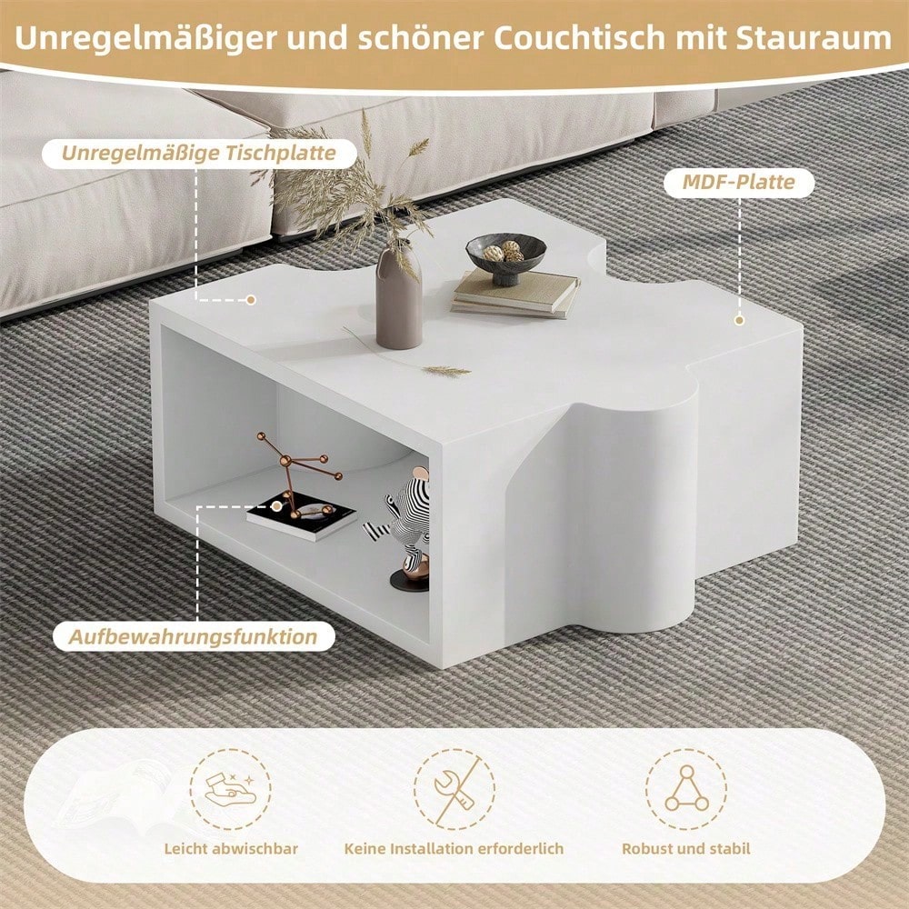 Einzigartiger kaltweißer Couchtisch mit Puzzlemuster (65*65*32cm), Sofatisch mit MDF-Polsterung, Wohnzimmertisch, abstrakte Kunst für Ihren Wohnraum
