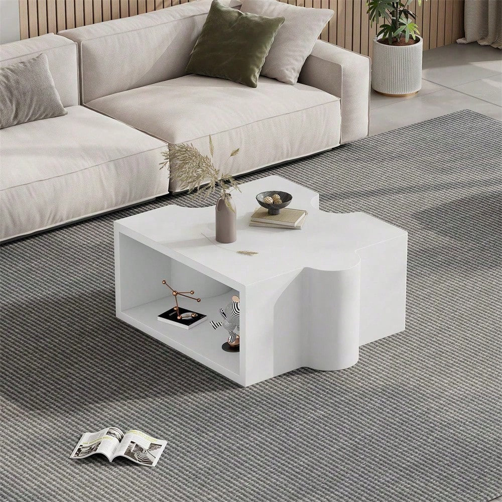 Einzigartiger kaltweißer Couchtisch mit Puzzlemuster (65*65*32cm), Sofatisch mit MDF-Polsterung, Wohnzimmertisch, abstrakte Kunst für Ihren Wohnraum