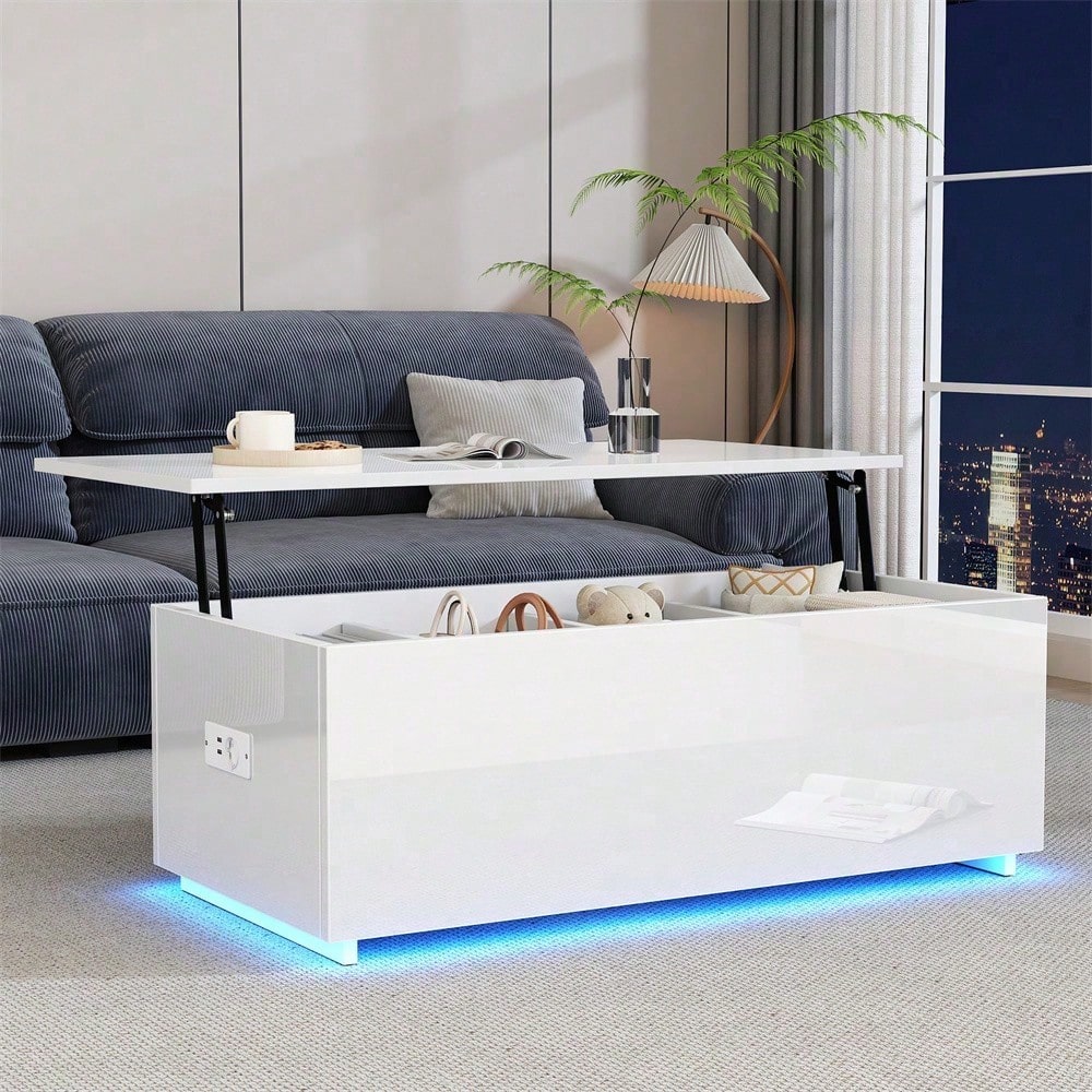 Moderner weißer Hochglanz-Couchtisch mit LED-Beleuchtung und verstecktem Stauraum - Beistelltisch mit hydraulischem Hub, 100*50*35 cm, 40 kg belastbar