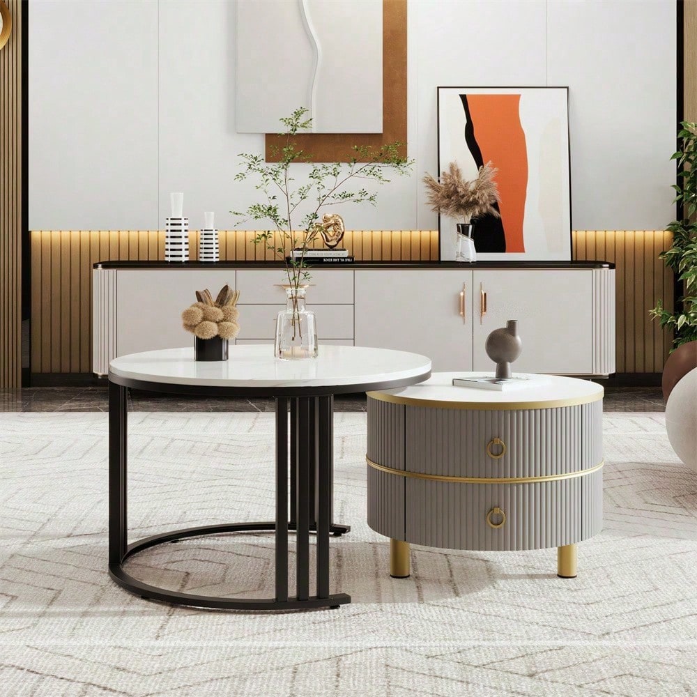 2-in-1 runder MDF-Couchtisch, Beistelltisch mit glänzender Platte und 1 weißer Marmorplatte, Wohnzimmer-Couchtischkombination mit 2 Schubladen, 70*70*46 + 50*50*40 cm