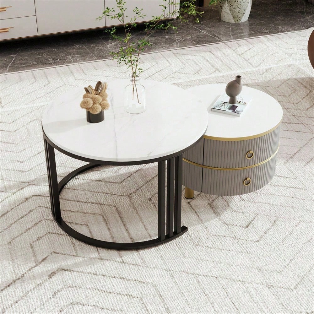 2-in-1 runder MDF-Couchtisch, Beistelltisch mit glänzender Platte und 1 weißer Marmorplatte, Wohnzimmer-Couchtischkombination mit 2 Schubladen, 70*70*46 + 50*50*40 cm