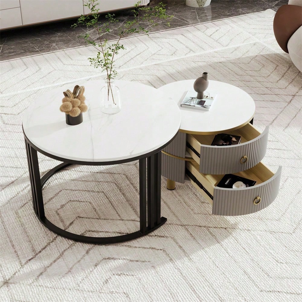 2-in-1 runder MDF-Couchtisch, Beistelltisch mit glänzender Platte und 1 weißer Marmorplatte, Wohnzimmer-Couchtischkombination mit 2 Schubladen, 70*70*46 + 50*50*40 cm