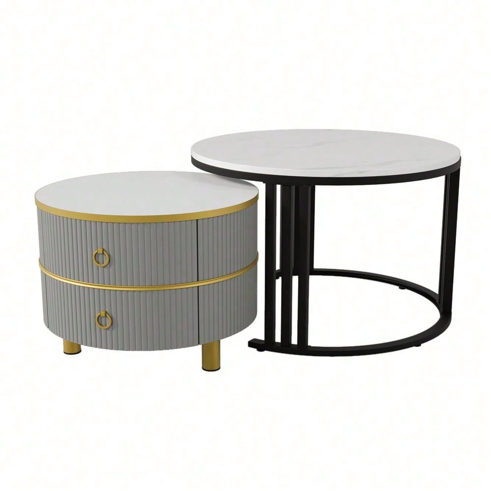 2-in-1 runder MDF-Couchtisch, Beistelltisch mit glänzender Platte und 1 weißer Marmorplatte, Wohnzimmer-Couchtischkombination mit 2 Schubladen, 70*70*46 + 50*50*40 cm