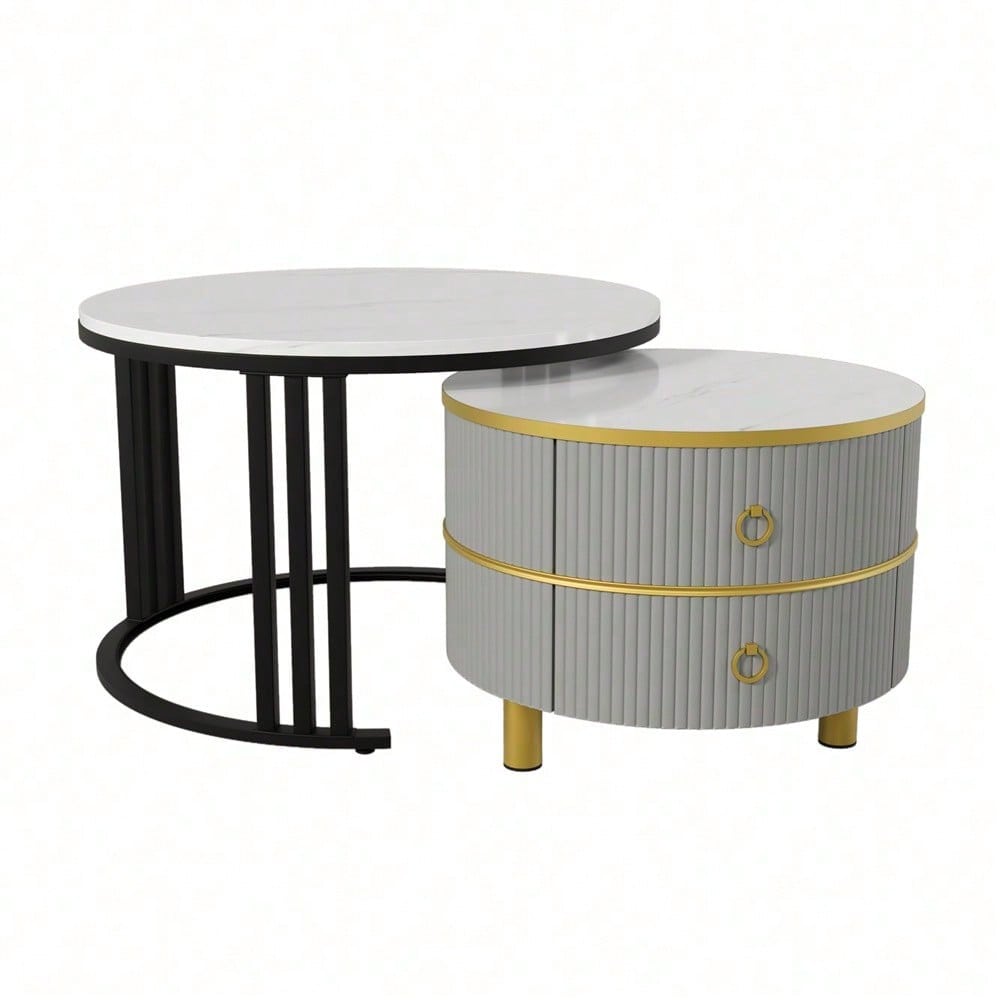 2-in-1 runder MDF-Couchtisch, Beistelltisch mit glänzender Platte und 1 weißer Marmorplatte, Wohnzimmer-Couchtischkombination mit 2 Schubladen, 70*70*46 + 50*50*40 cm