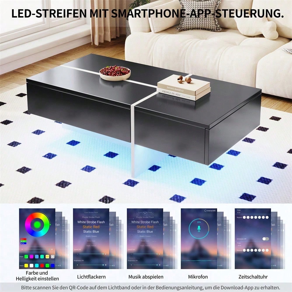 Hochglänzender Couchtisch, schwarz-weiße Colorblock-Struktur, Wohnzimmermöbel, 100*50*34,5cm, mit App-gesteuertem LED-Beleuchtungssystem