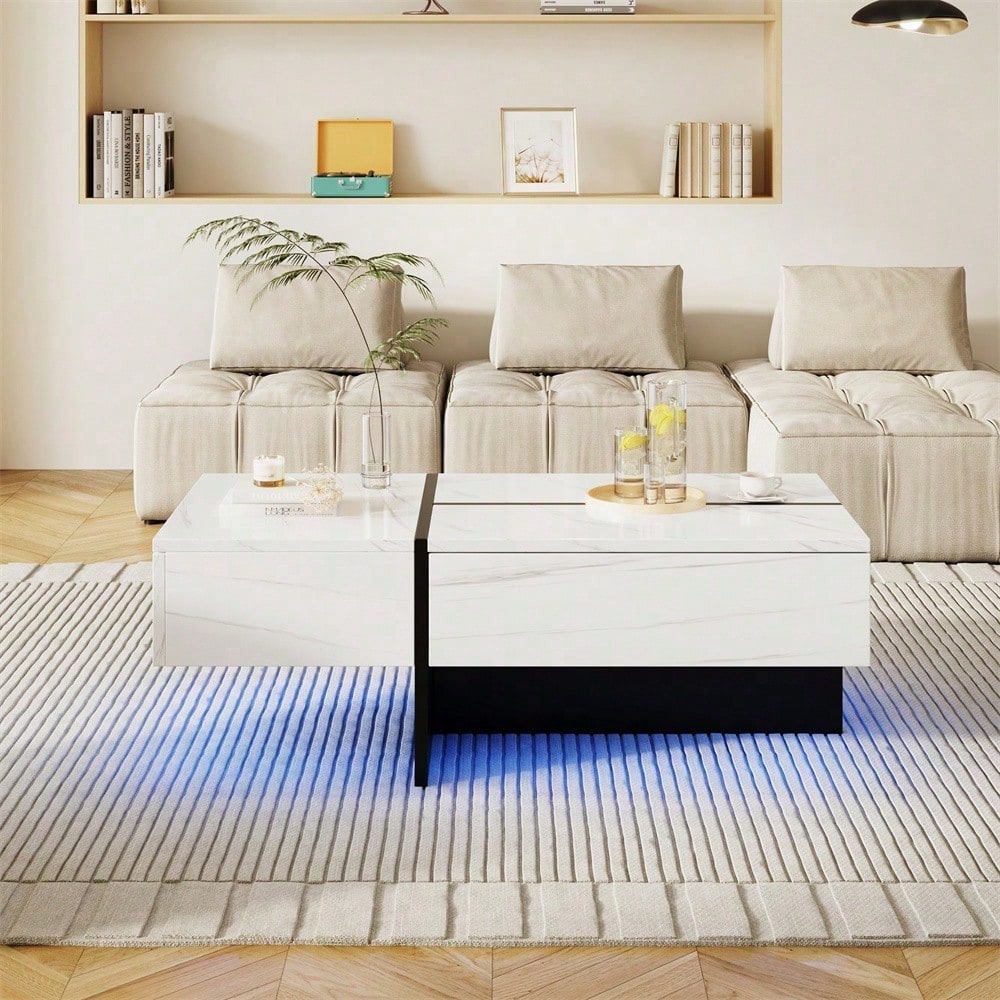 Hochglänzender Couchtisch, schwarz-weiße Colorblock-Struktur, Wohnzimmermöbel, 100*50*34,5cm, mit App-gesteuertem LED-Beleuchtungssystem