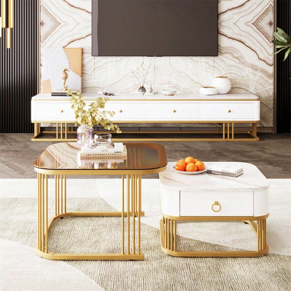 Stapelbarer Couchtisch: Hochglänzende Marmoroptik, goldene Akzente, Beistelltisch mit Schubladen. zweiteiliges Set