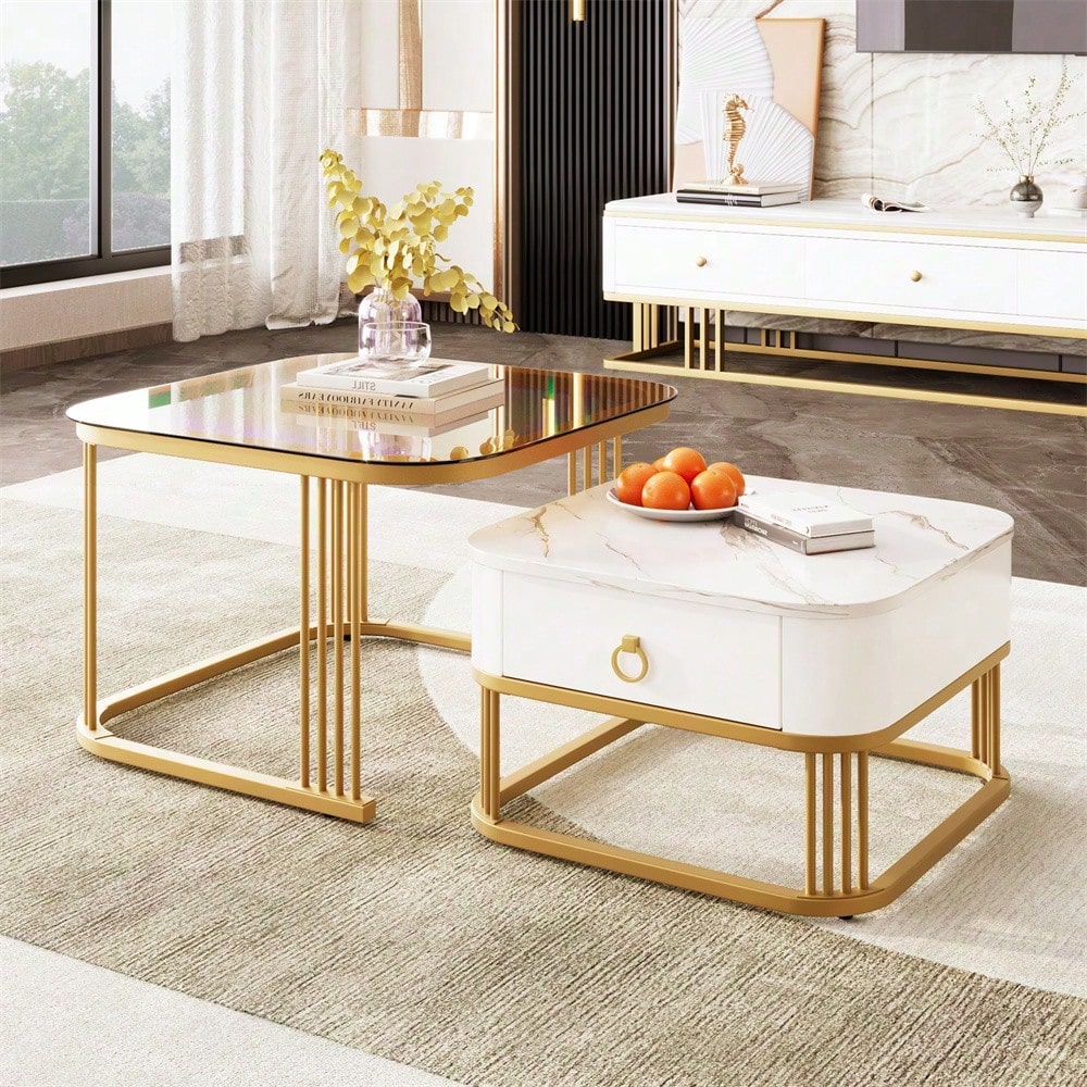 Stapelbarer Couchtisch: Hochglänzende Marmoroptik, goldene Akzente, Beistelltisch mit Schubladen. zweiteiliges Set