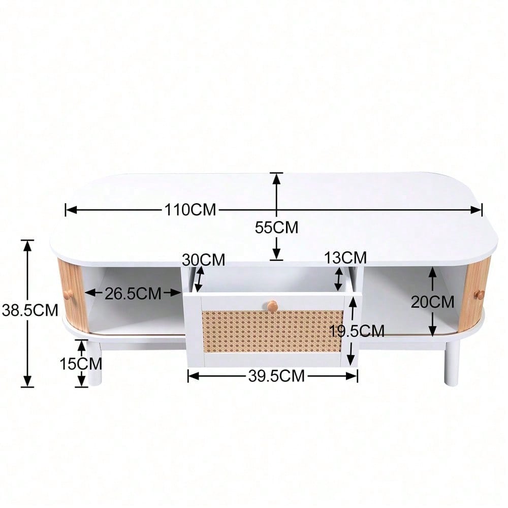 Couchtisch - Rattan-Kaffeetisch, Schubladen mit Rattan und Schiebetüren mit Massivholzlatten, Massivholzbeine, Natürlicher Landhausstil.