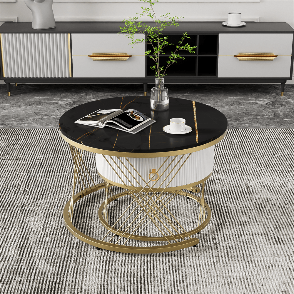 Eleganter zusammensetzbarer Couchtisch: Marmoroptik, Golddekor, Beistelltisch mit Schubladen – 2er-Set