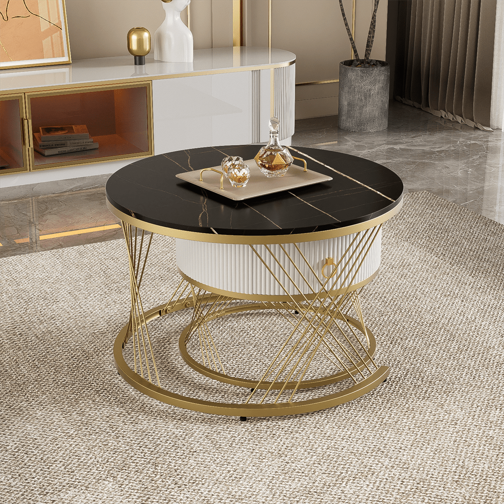 Eleganter zusammensetzbarer Couchtisch: Marmoroptik, Golddekor, Beistelltisch mit Schubladen – 2er-Set