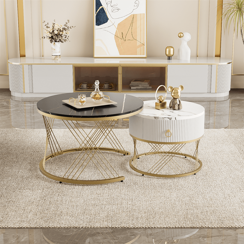 Eleganter zusammensetzbarer Couchtisch: Marmoroptik, Golddekor, Beistelltisch mit Schubladen – 2er-Set