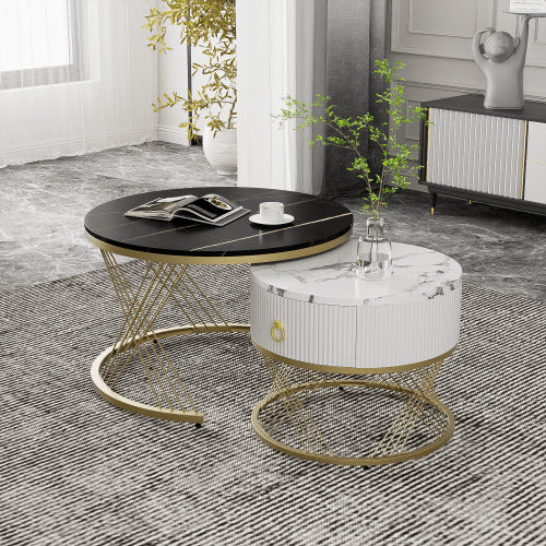 Eleganter zusammensetzbarer Couchtisch: Marmoroptik, Golddekor, Beistelltisch mit Schubladen – 2er-Set