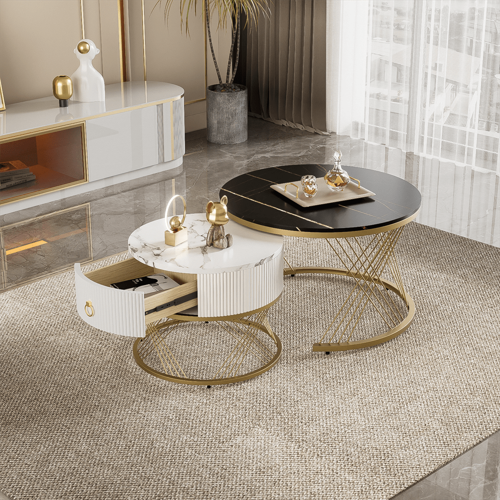 Eleganter zusammensetzbarer Couchtisch: Marmoroptik, Golddekor, Beistelltisch mit Schubladen – 2er-Set