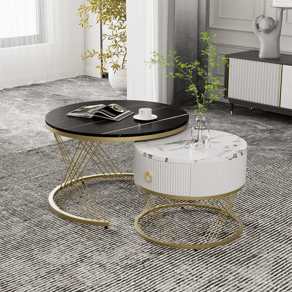 Eleganter zusammensetzbarer Couchtisch: Marmoroptik, Golddekor, Beistelltisch mit Schubladen – 2er-Set