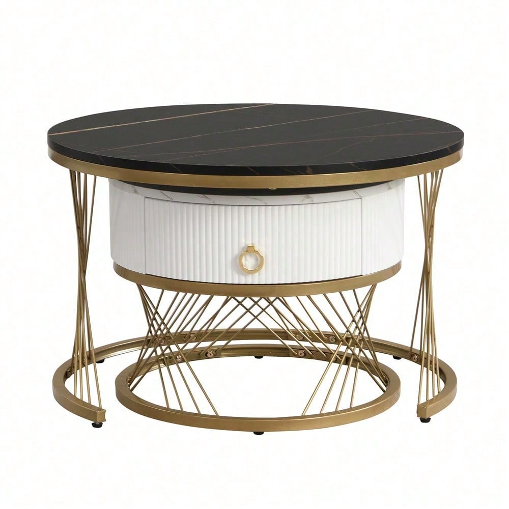Eleganter zusammensetzbarer Couchtisch: Marmoroptik, Golddekor, Beistelltisch mit Schubladen – 2er-Set