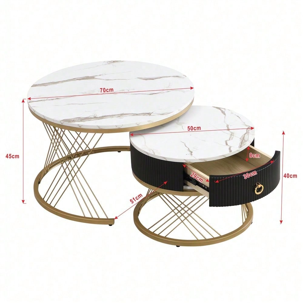 Eleganter zusammensetzbarer Couchtisch: Marmoroptik, Golddekor, Beistelltisch mit Schubladen – 2er-Set