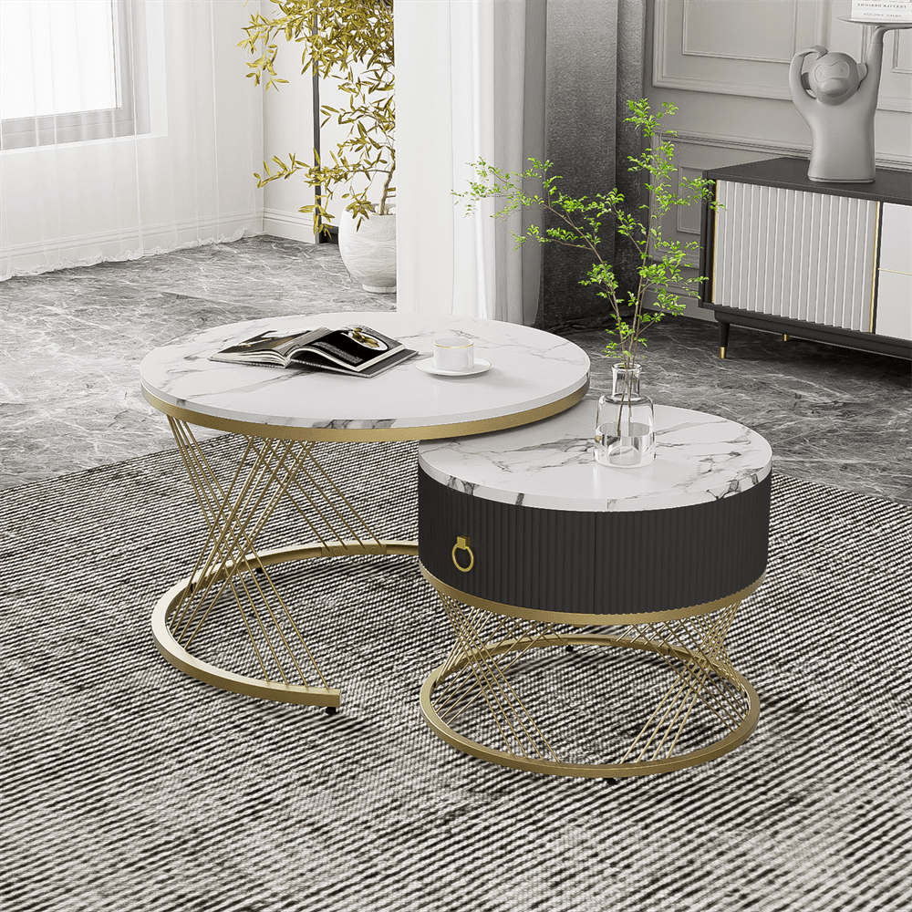 Eleganter zusammensetzbarer Couchtisch: Marmoroptik, Golddekor, Beistelltisch mit Schubladen – 2er-Set